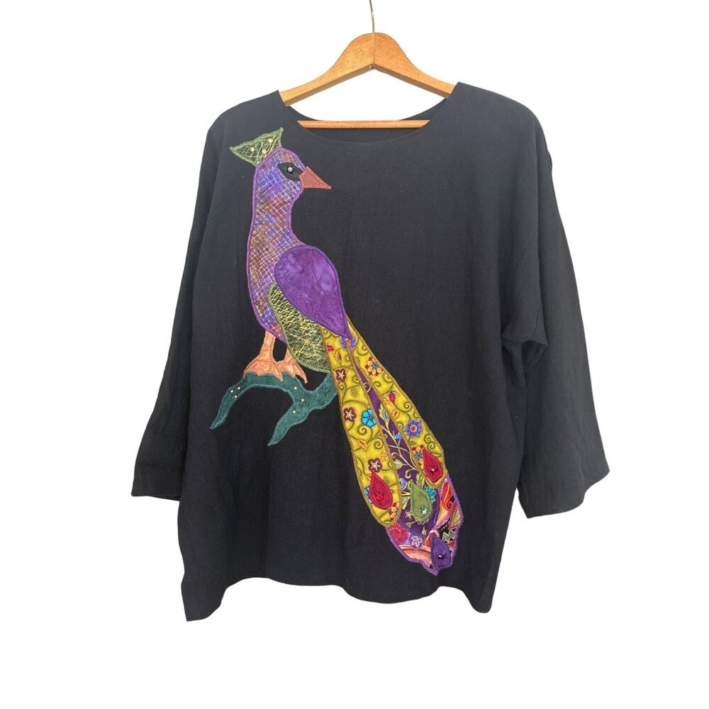 Alfredos Wife Peacock Studded Patch Applique Tunic Wide Sleeve Blouse Top OSFM